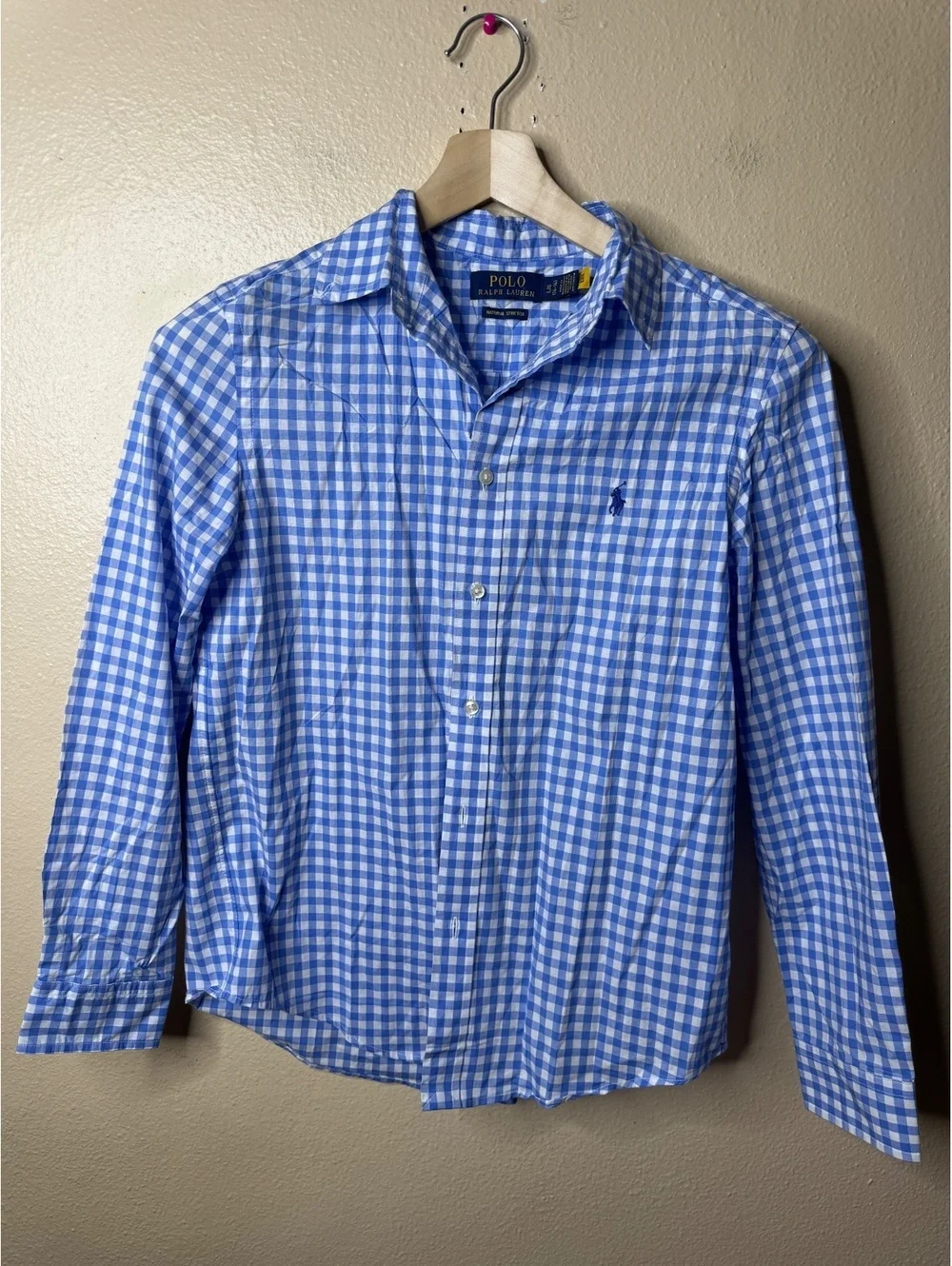 Polo Ralph Lauren Boys L 14-16 Button Up Shirt Blue Gingham Cotton Stretch